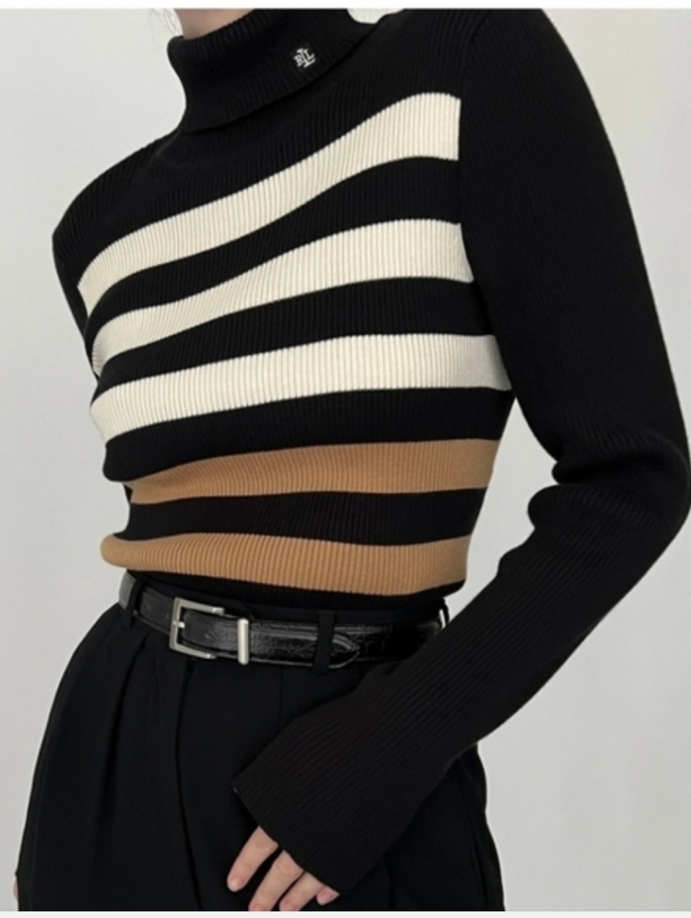 Lauren Ralph Lauren Striped Black, Cream & Tan Ribbed Turtleneck Sweater